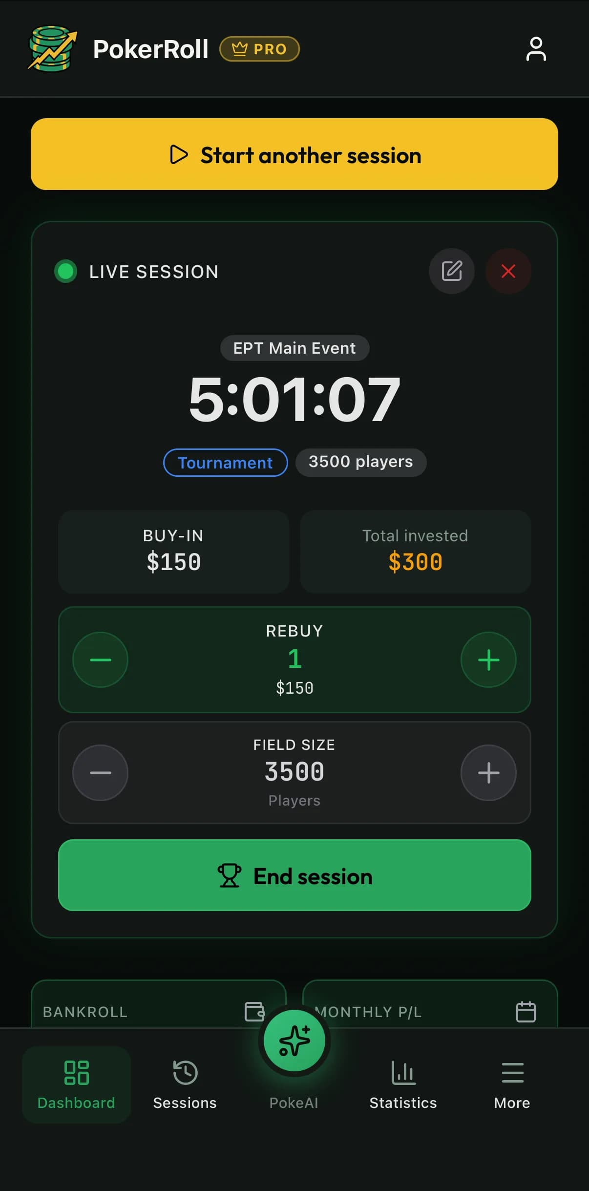 PokerRoll live tournament session on iPhone with a running timer, buy-in, one rebuy, total invested and field size