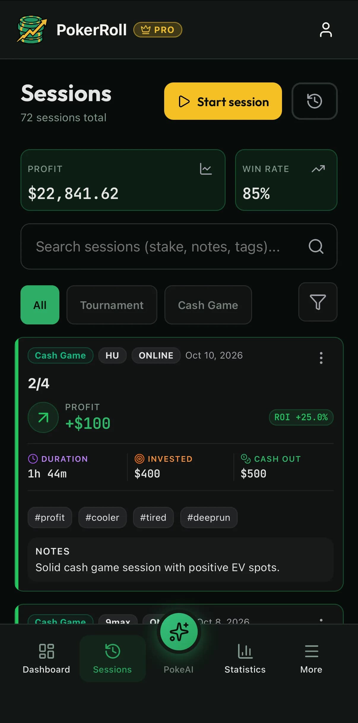 PokerRoll session list on iPhone with a cash game session showing profit, duration, buy-in and cash-out